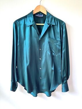 Ralph Lauren 100% Silk Women’s Emerald Green Button-Up Shirt With Pocket- Size 8